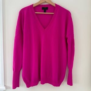 J. Crew Bright Pink Fuchsia Magenta Italian Cashmere V-Neck Relaxed Sweater